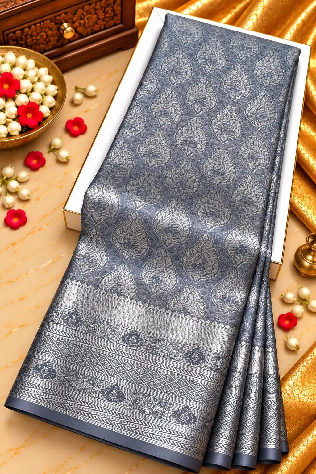 Steel Grey Silver Zari Peacock Feather Butta Semi Kanchipuram Silk Saree